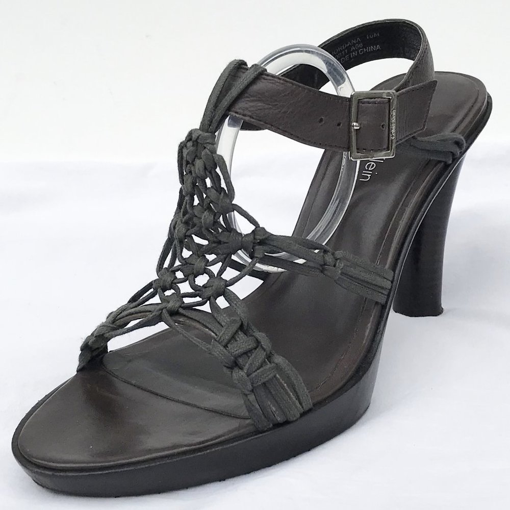 CALVIN KLEIN Brown Crochet Leather Wood Heels Sz10